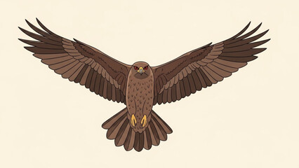 Obraz premium Brown bird of prey with outstretched wings and sharp talons flying against a beige background in a digital illustration with hawk and eagle and wildlife with clipart