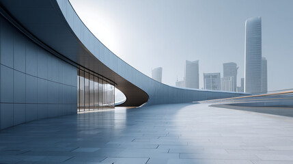 Modern architectural building with curved facade and open plaza against a bright city skyline.