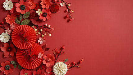 Vibrant paper flowers and traditional fans arranged on a festive red background