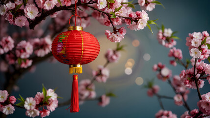 Vibrant red Chinese lantern hangs among delicate pink cherry blossoms with bokeh