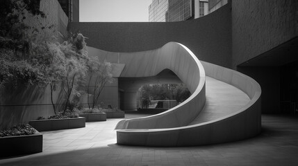 Black and white view of a modern concrete spiral ramp in an architectural courtyard with potted plants.