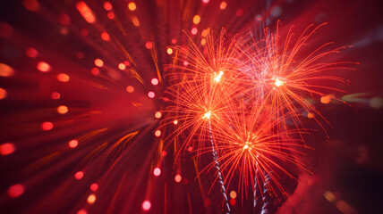 Vibrant red fireworks burst spectacularly against a dark night sky creating an e