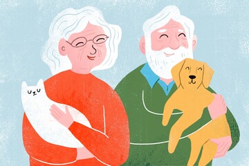 Happy elderly couple with their pets