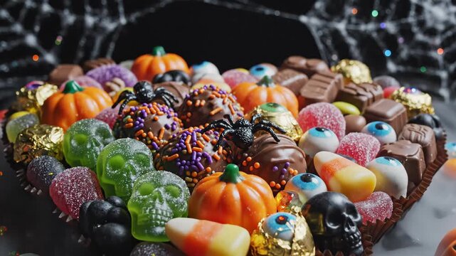 Halloween Candy Assortment Close-Up - A close-up shot of a Halloween candy assortment features chocolate truffles with spiders, pumpkin candies, gummy skulls, candy corn, and eyeball candies.