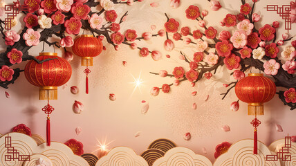 Red traditional oriental lanterns and pink plum blossoms with warm glowing light