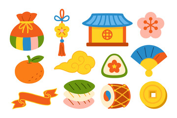 Chinese new year and Lunar festive objects colorful vector icon set for decoration. Traditional Chinese and Asian spring festival celebration ornament flat style cartoon illustration symbol collection