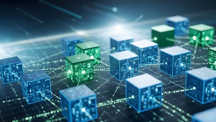 Abstract illustration of interconnected digital cubes representing a blockchain technology network