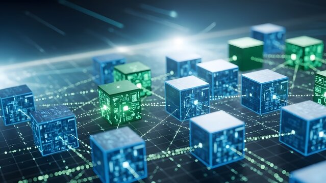 Abstract illustration of interconnected digital cubes representing a blockchain technology network - Powered by Adobe
