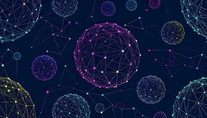 A dark blue background features interconnected spheres of light made from points and lines, forming a network of connections and digital structures