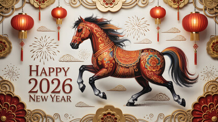 Ornate red horse with lanterns and fireworks celebrates Happy 2026 New Year