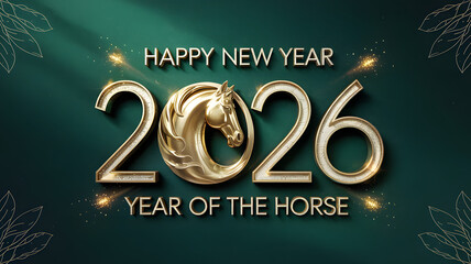 Happy New Year 2026 Year of the Horse elegant celebration with golden numbers