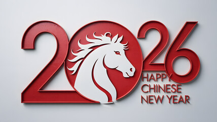 Red 2026 Chinese New Year with white horse head graphic on bright white backgrou
