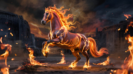 Majestic powerful glowing fire horse rears up in a dramatic fiery canyon at twil