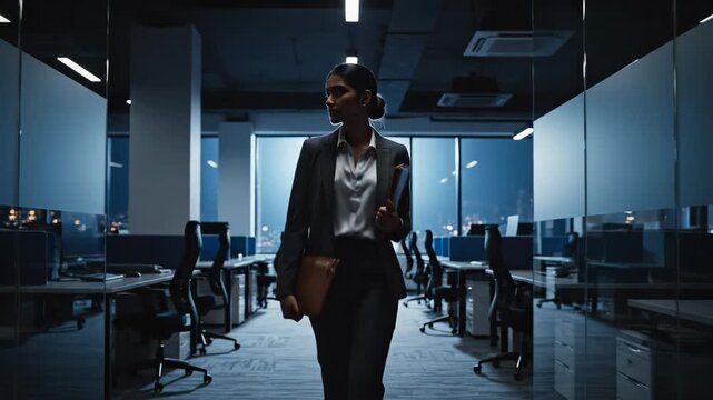 Confident Businesswoman Walking in Empty Office - A confident businesswoman in a suit walks through an empty modern office at night, holding folders in her hands.
