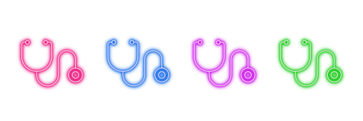 Neon glowing stethoscope vector icons set, medical, healthcare, doctor, hospital, diagnosis, health, vibrant colorful digital design illustration on transparentbackground.