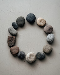 A circular arrangement of smooth, natural river stones and pebbles of various sizes and colors on a light gray surface, forming a perfect ring.