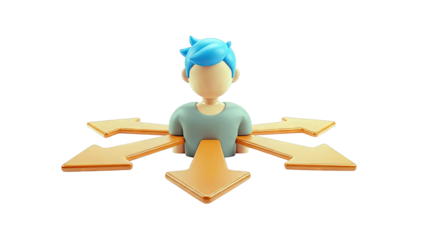 3D Character at Crossroads with Multiple Directional Arrows