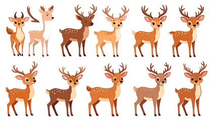 Obraz premium A collection of various cartoon deer illustrations in different colors and poses, showcasing a diverse herd