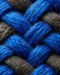 Close-up of intricately woven blue and brown textured ropes creating a detailed pattern.