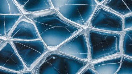 Abstract background texture featuring intricate, glowing white veins delineating dark blue, marbled, polygonal cellular structures resembling fractured ice or frozen liquid surfaces for deep winter th