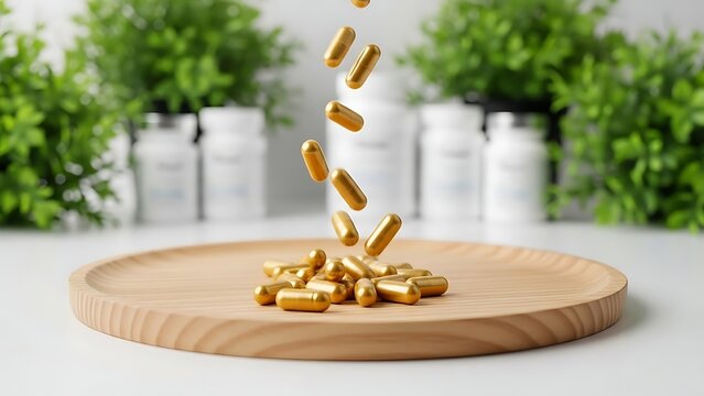 Golden capsules falling on wooden plate with white bottles and green plants background, natural health supplements