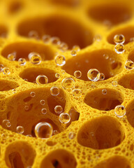 Close-up view of a vibrant yellow sponge with numerous water bubbles trapped in its porous surface.