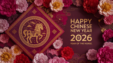 Happy Chinese New Year 2026 Year of the Horse art with golden horse and vibrant 