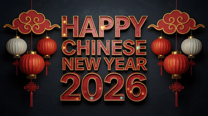 Happy Chinese New Year 2026 festive elegant display with illuminated text and la