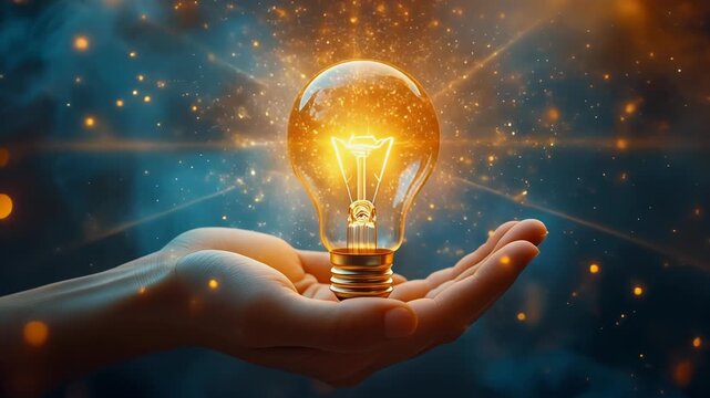 businessman holds a light bulb with a glowing effect on his finger, representing the concept of innovation and creativity. The business person is showcasing a new idea or creative thinking