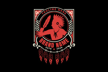 Native American warrior figure with frame retro illustration design for merchandise. Feather headdress portrait, Tribal ceremonial figure, Indigenous warrior, Traditional warrior vector illustration © salzcreative