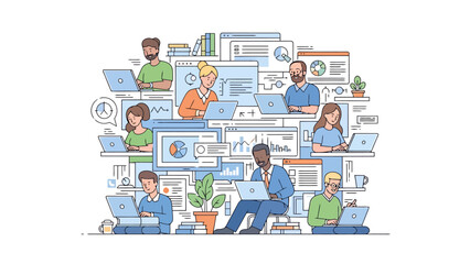 Diverse Team Collaborating Digitally with Laptops and Data Analytics Screens