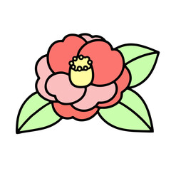 Vibrant pink flower with green leaves on black background