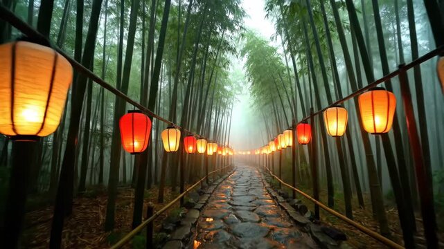 Lantern Pathway Through Bamboo Forest - This video captures a stone pathway illuminated by a row of hanging lanterns stretching through a dense bamboo forest.