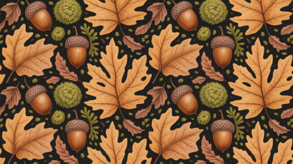 Seamless repeating pattern featuring richly illustrated golden oak leaves abundant brown acorns and textured green seed pods set against a deep black background capturing the essence of a vibrant autu