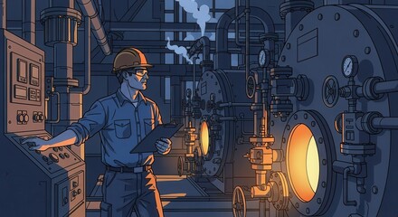 Industrial technician oversees operations near glowing heavy machinery in a control room setting
