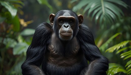 Front view of a chimpanzee with dark fur and exposed chest skin, seated upright. Background features out-of-focus green palm leaves and other tropical vegetation.