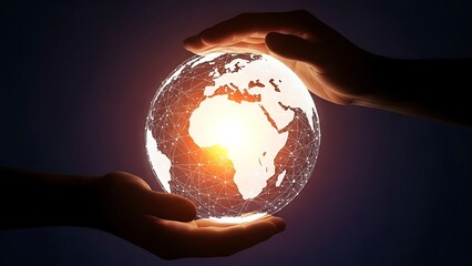 Glowing digital earth held by two hands with network connections globe