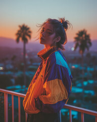 Young woman in a colorful retro jacket standing on a balcony at sunset with palm trees and city lights in the background.