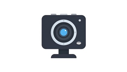 A flat-design illustration of a small, rectangular webcam with a large lens and small buttons, mounted on a black base