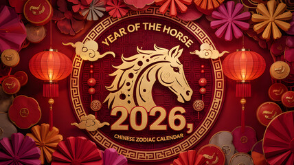 Festive Chinese New Year 2026 Year of the Horse celebration background with lant