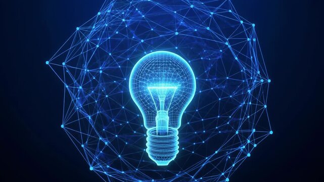 Creative idea concept, Technology digital data network connection with lamp on blue background, Motion abstract background.