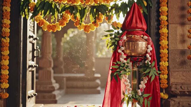 Gudi Padwa background with traditional doorway decor illuminated by soft sunlight