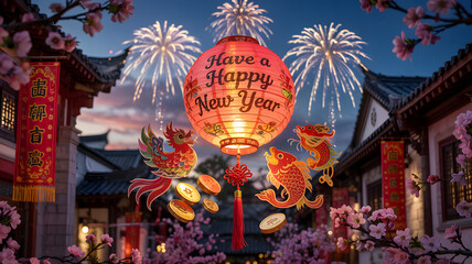 Glowing red Chinese New Year lantern with wishes under a spectacular fireworks d