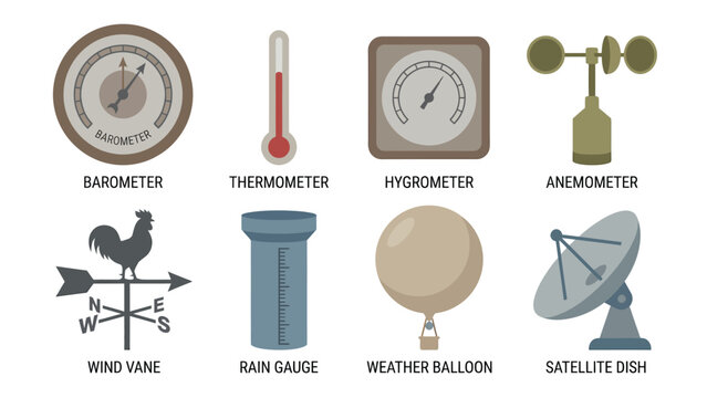 Set of Weather Instruments and Meteorological Devices. Flat Design Icons for Forecasting, Measurement, and Atmospheric Monitoring.