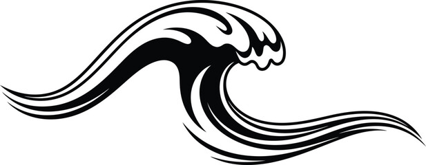 Stylized black vector silhouette of a crashing ocean wave icon isolated on white background, perfect for tribal tattoo art, summer surf logos, and nautical graphic design elements. © Shah Hasanuzzaman