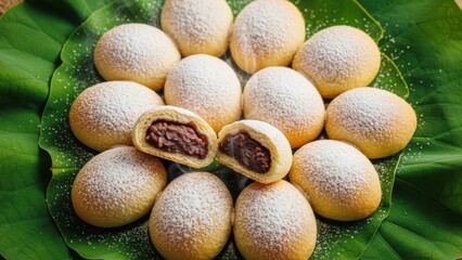 Delicious Mung Bean Cookies Dusted with Powdered Sugar on a Fresh Lotus Leaf, Asian Dessert