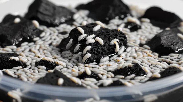 Springtails Moving Around Activated Charcoal in a Petri Dish