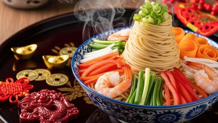 Steaming Colorful Asian Noodle Dish with Shrimp and Fresh Shredded Vegetables, Festive Meal