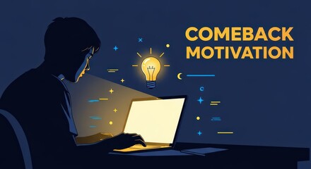 Silhouette of an individual working late at night illuminated by a glowing computer screen and bright idea bulb