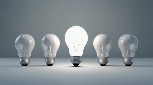Creative new idea concept with light bulbs. One light bulb standing out from others bulbs floating on dark background. Business, success, think positive, inspiration, solution symbol. 3D Animation.